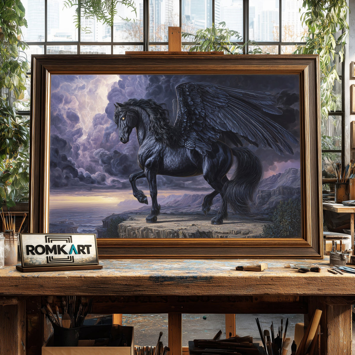 Powerful Black Pegasus Fantasy Oil Painting - image 2