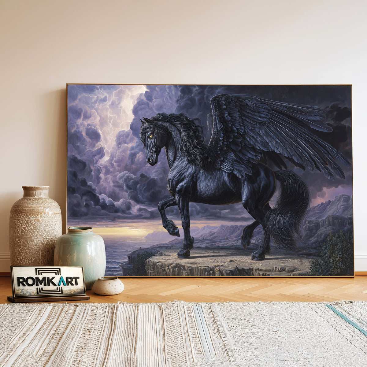 Powerful Black Pegasus Fantasy Oil Painting - image 3