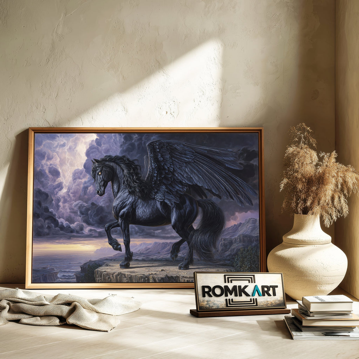 Powerful Black Pegasus Fantasy Oil Painting - image 6