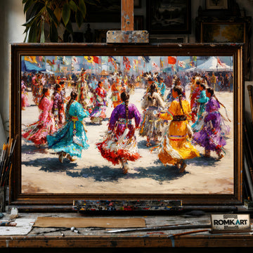Powwow Celebration, Indigenous Jingle Dancers hand-painted oil painting on canvas