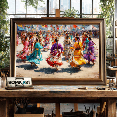Powwow Celebration, Indigenous Jingle Dancers Oil Painting - image 2