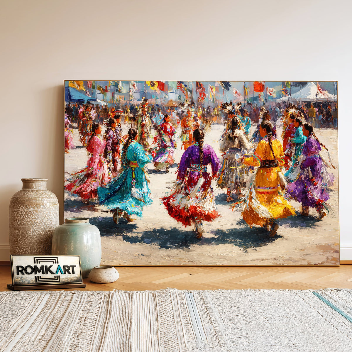 Powwow Celebration, Indigenous Jingle Dancers Oil Painting - image 3