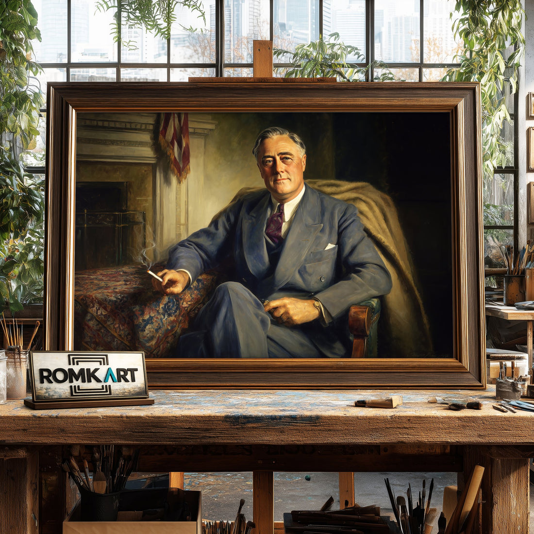 President Franklin D. Roosevelt hand-painted oil painting on canvas