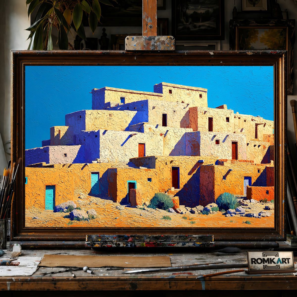 Pueblo Town - Hand-Painted Oil Painting - View 1