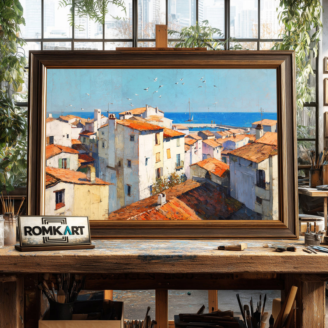 Quaint Coastal Village - Hand-Painted Oil Painting - View 1