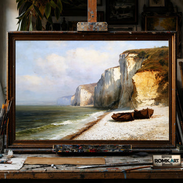 Quiet Coastal Bay with Chalk Cliffs - Hand-Painted Oil Painting - View 1