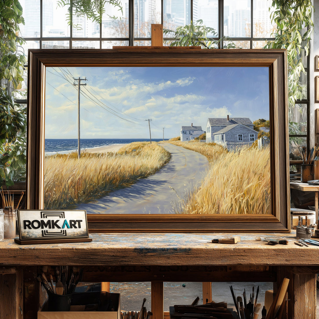 Quiet Coastal Road Town Seascape Oil Painting