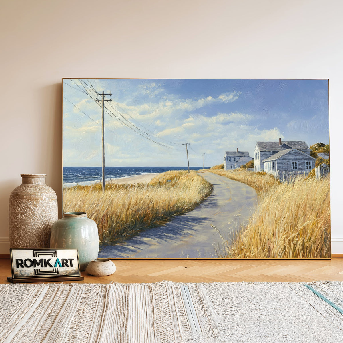 Quiet Coastal Road Town Seascape Oil Painting - image 3