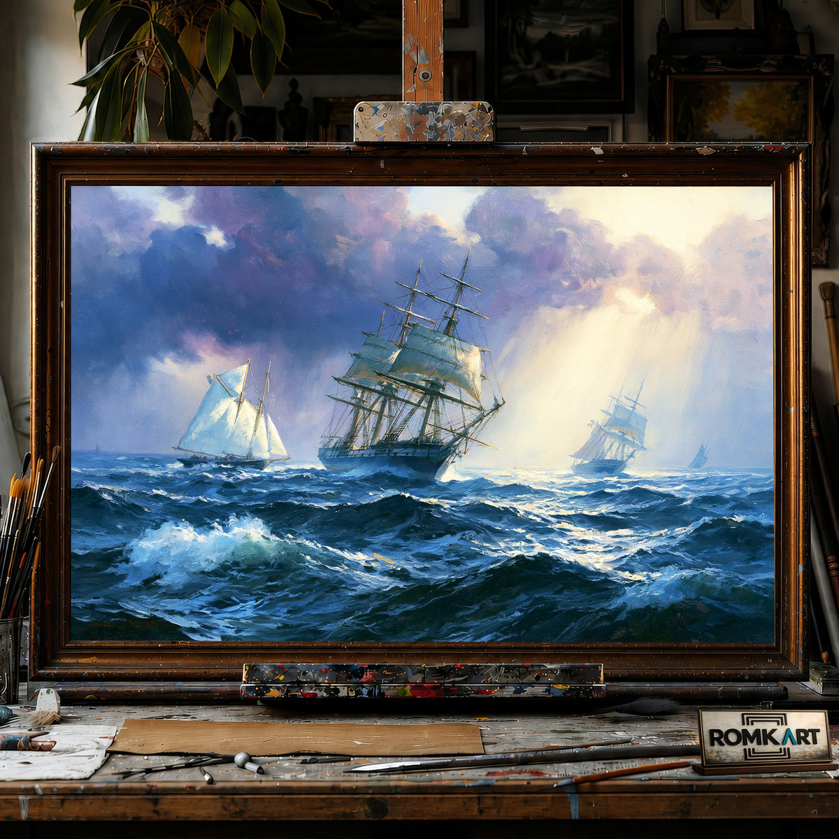 Racing Sailing Vessels on a Windy Day - Hand-Painted Oil Painting - View 1
