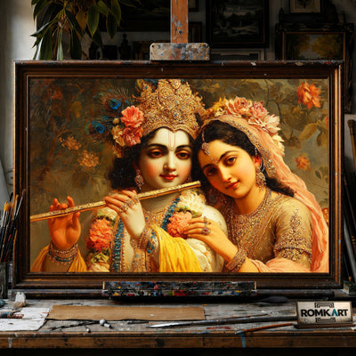Radha and Krishna - Hand-Painted Oil Painting - View 1