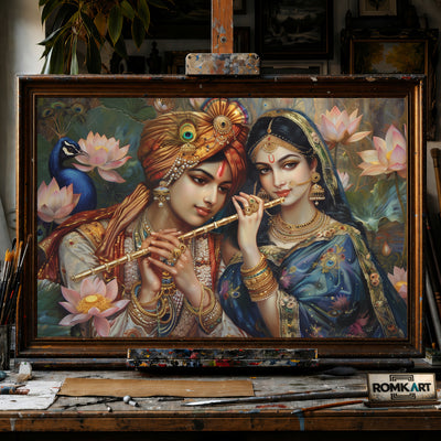 Radha and Krishna in Indian attire hand-painted oil painting on canvas