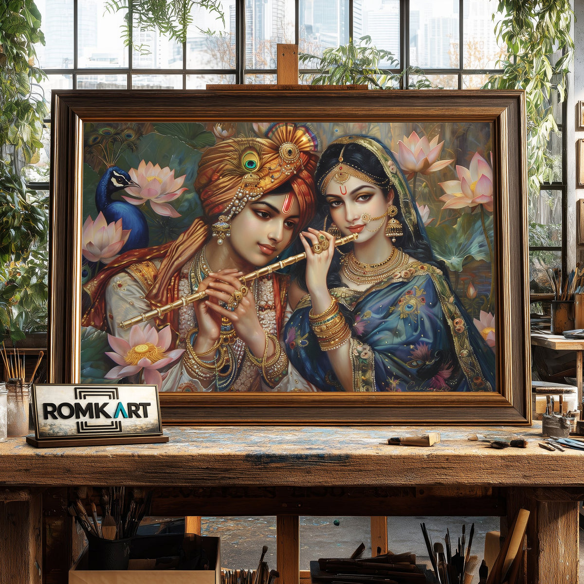 Radha and Krishna in Indian attire Hindu Oil Painting - image 2