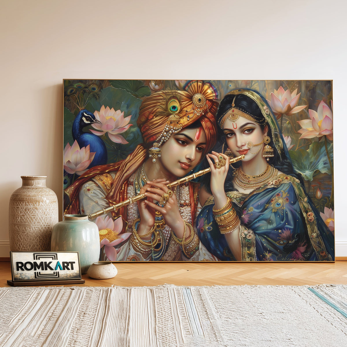 Radha and Krishna in Indian attire Hindu Oil Painting - image 3