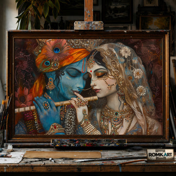 Radha and Krishna Playing Flute hand-painted oil painting on canvas