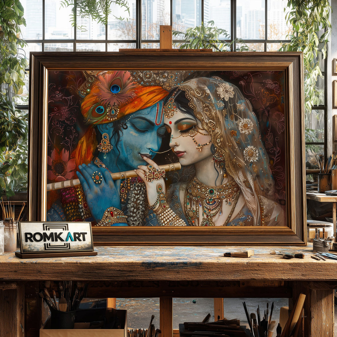 Radha and Krishna Playing Flute hand-painted oil painting on canvas