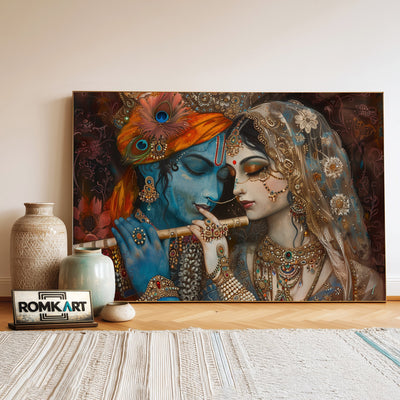 Radha and Krishna Playing Flute Hindu Oil Painting - image 3