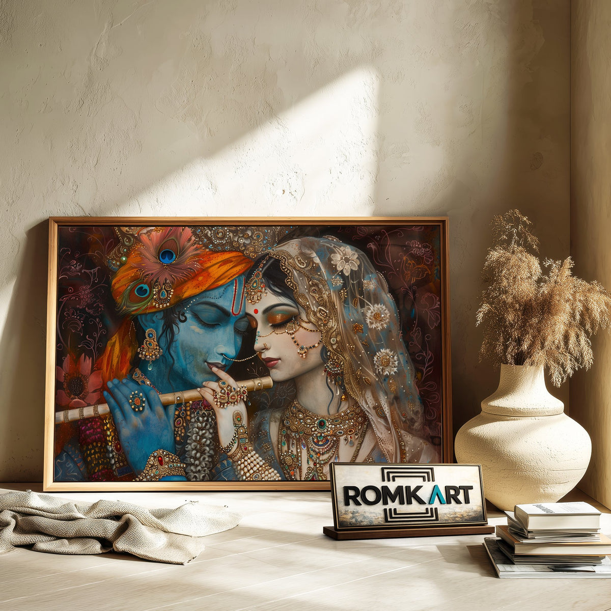 Radha and Krishna Playing Flute Hindu Oil Painting - image 6