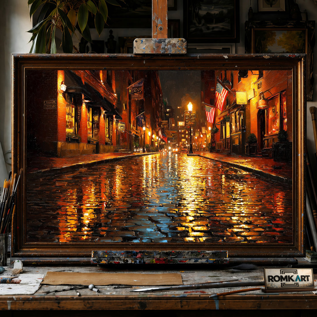Rain on Cobblestone Street - Hand-Painted Oil Painting - View 1