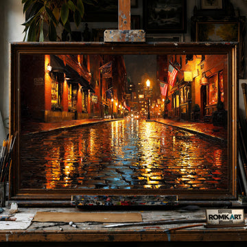 Rain on Cobblestone Street - Hand-Painted Oil Painting - View 1