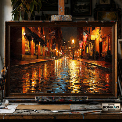 Rain on Cobblestone Street - Hand-Painted Oil Painting - View 1