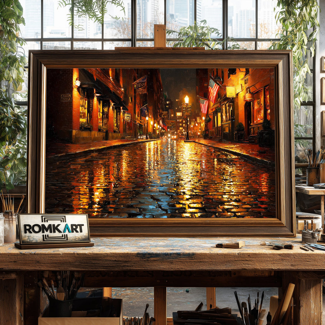 Rain on Cobblestone Street - Hand-Painted Oil Painting - View 1