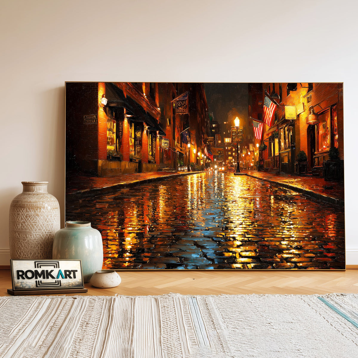 Rain On Cobblestone Street Oil Painting - image 3