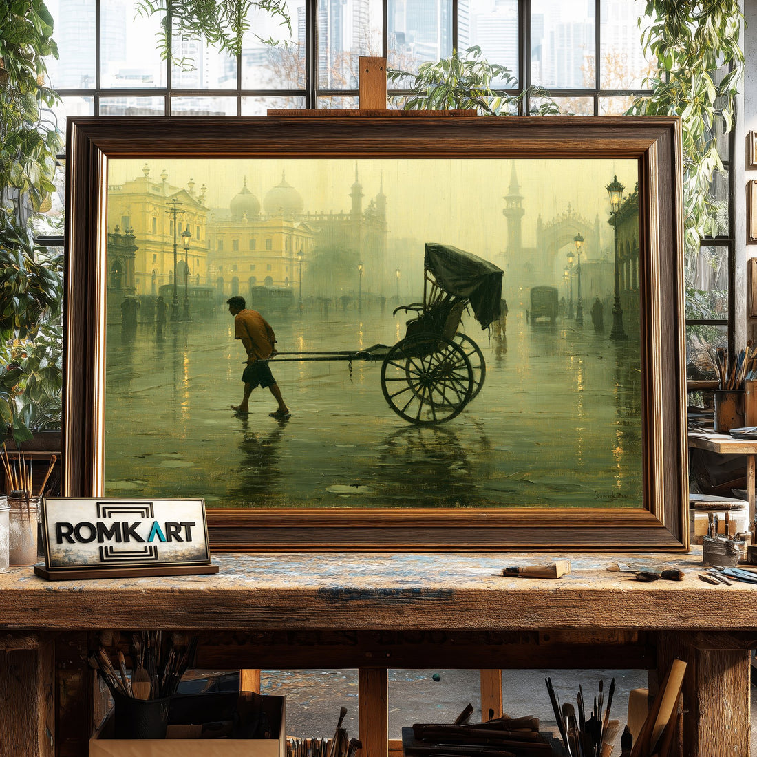 Rainy Indian city hand-painted oil painting on canvas