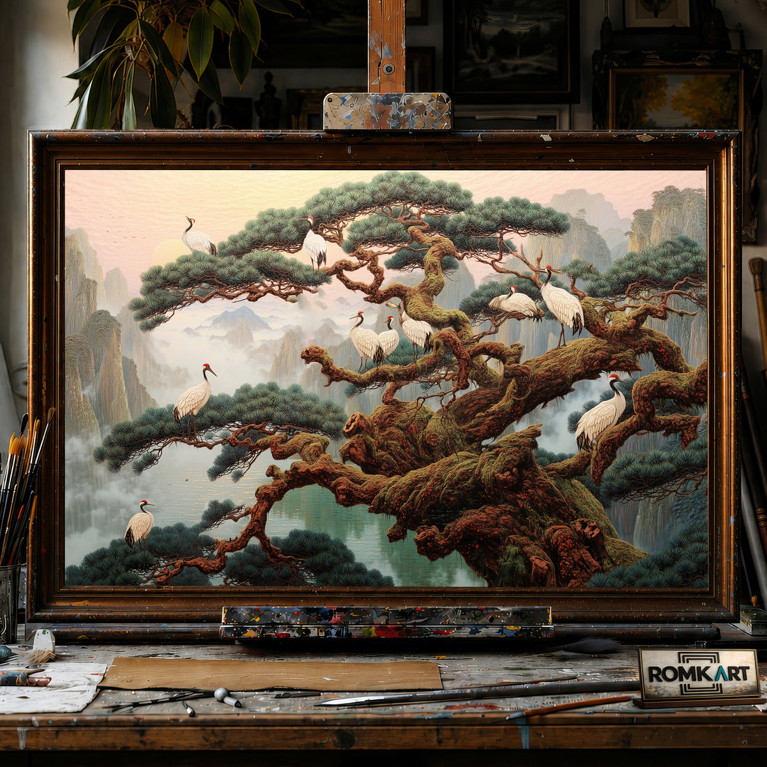 Red-Crowned Cranes and Ancient Pine Trees hand-painted oil painting on canvas