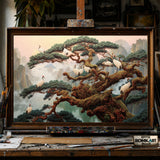 Red-Crowned Cranes and Ancient Pine Trees hand-painted oil painting on canvas