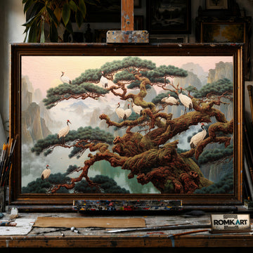 Red-Crowned Cranes and Ancient Pine Trees hand-painted oil painting on canvas