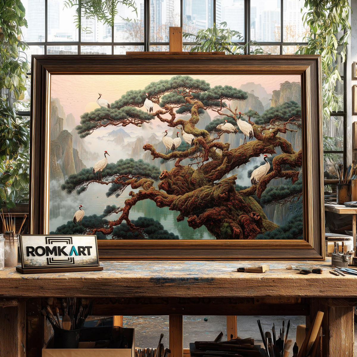 Red-Crowned Cranes and Ancient Pine Trees Oil Painting - image 2