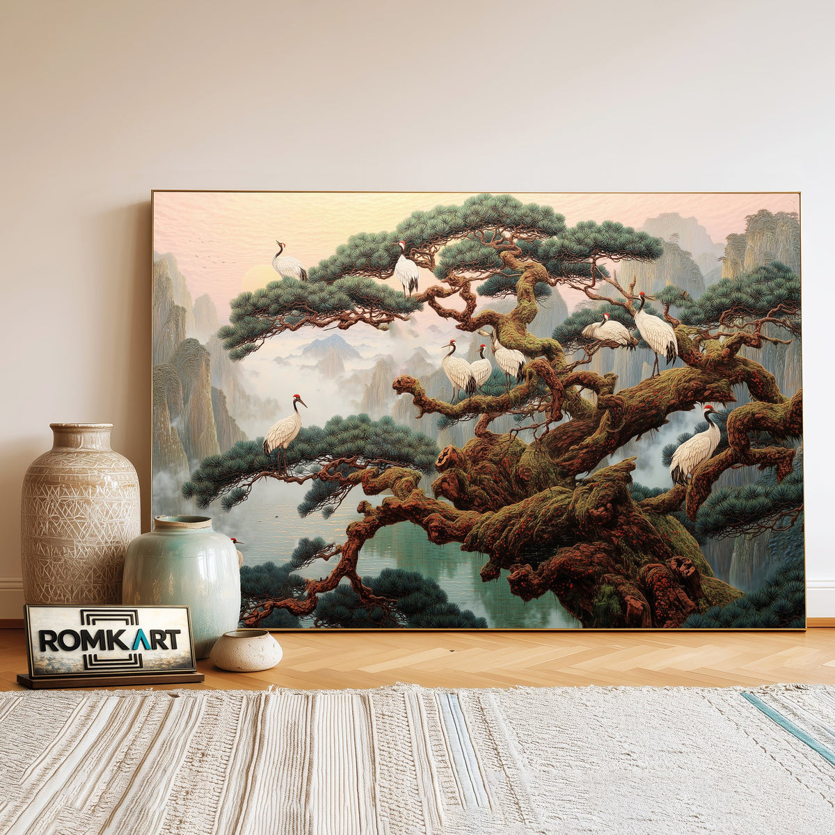 Red-Crowned Cranes and Ancient Pine Trees Oil Painting - image 3