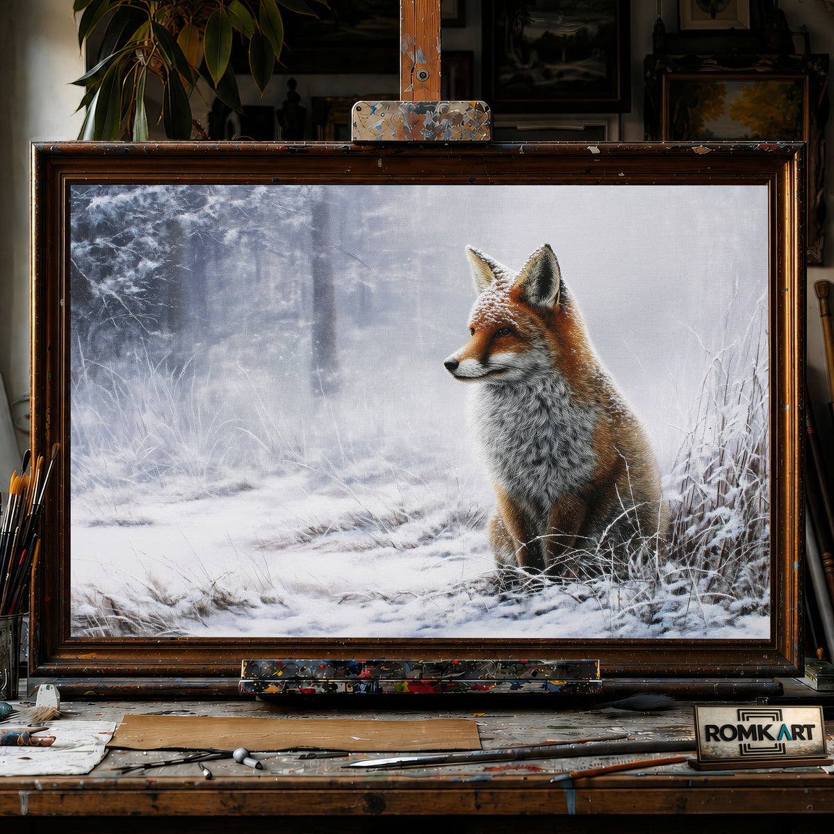 Red Fox in Heavy Snowfall hand-painted oil painting on canvas