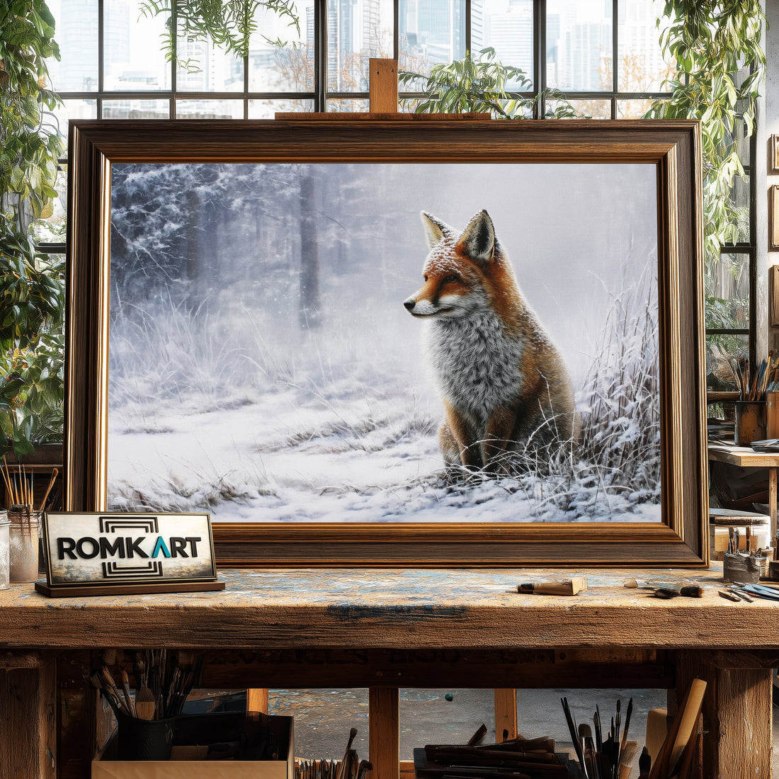 Red Fox in Heavy Snowfall hand-painted oil painting on canvas