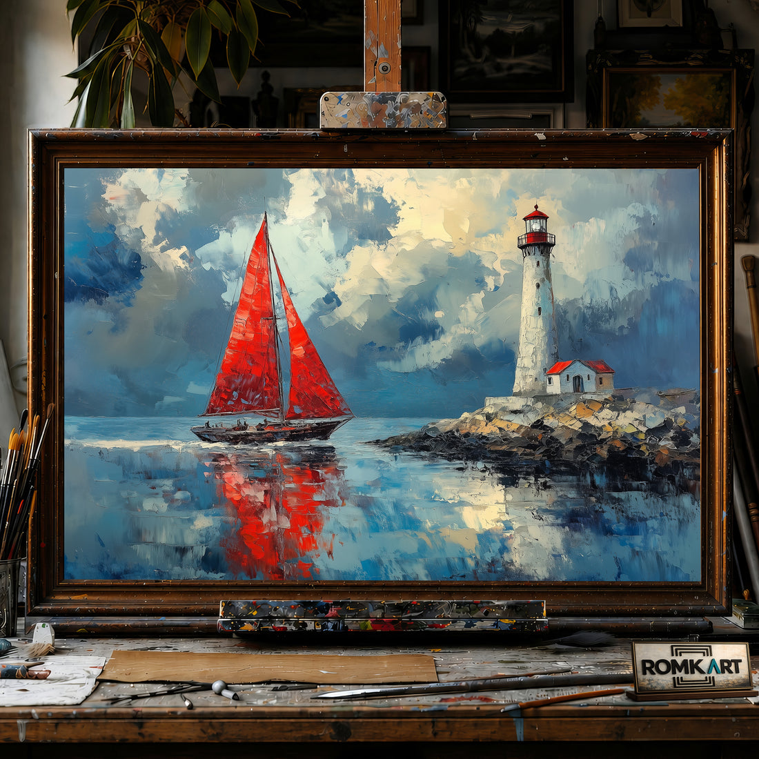 Red Sails and Lighthouse hand-painted oil painting on canvas
