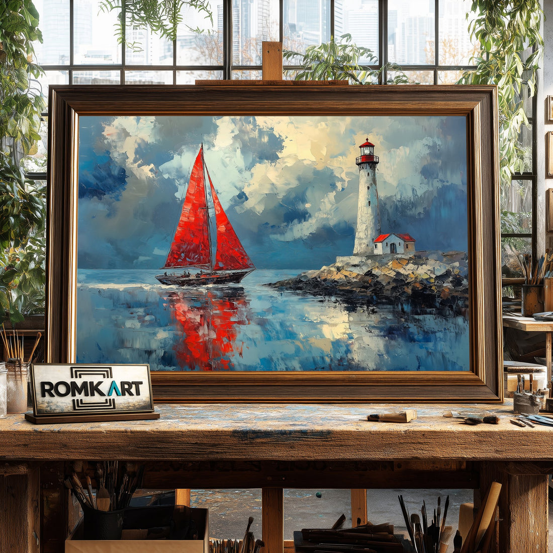 Red Sails and Lighthouse hand-painted oil painting on canvas