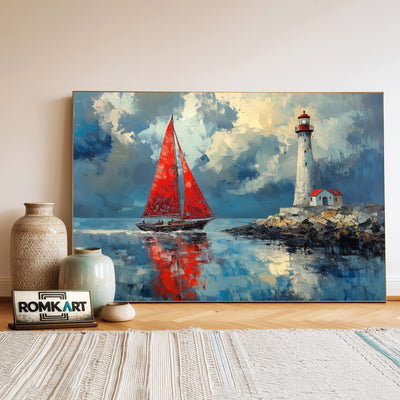 Red Sails and Lighthouse Harbor Seascape Oil Painting - image 3