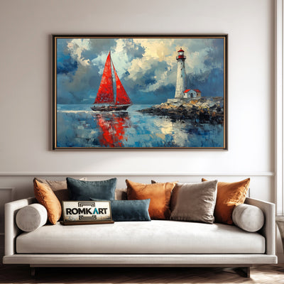 Red Sails and Lighthouse Harbor Seascape Oil Painting - image 4