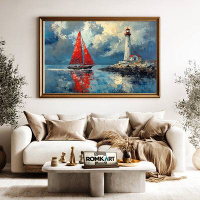 Red Sails and Lighthouse Harbor Seascape Oil Painting - image 5