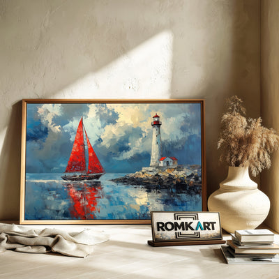 Red Sails and Lighthouse Harbor Seascape Oil Painting - image 6