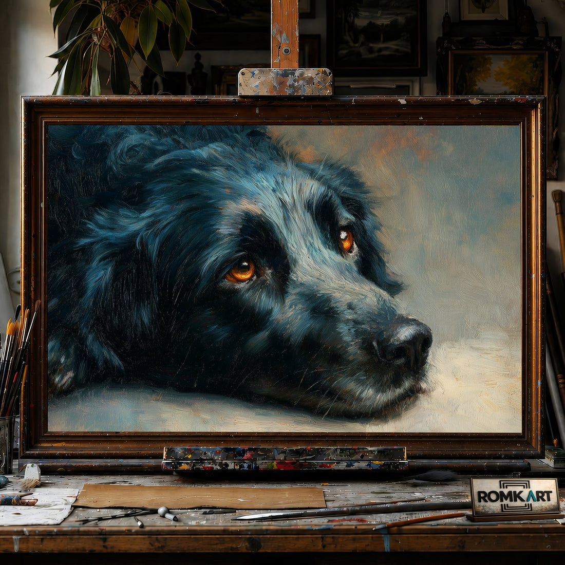 Resting Black Dog - Hand-Painted Oil Painting - View 1