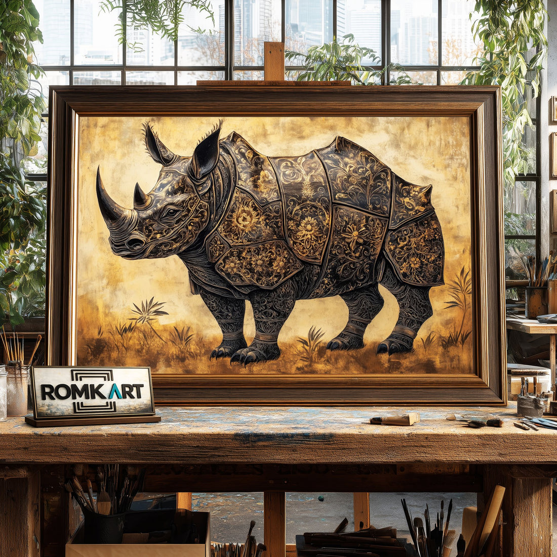 Rhinoceros Full Armor hand-painted oil painting on canvas