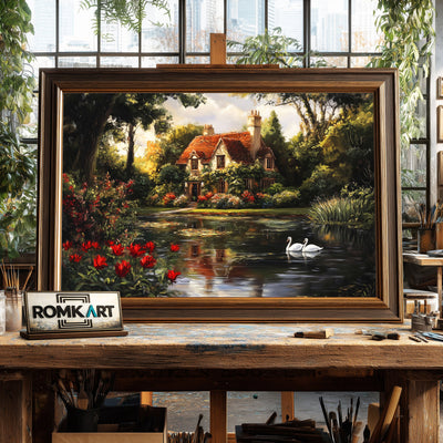 Romantic Lake House Cottage Waterscape Oil Painting - image 2