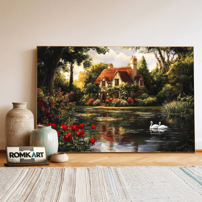 Romantic Lake House Cottage Waterscape Oil Painting - image 3