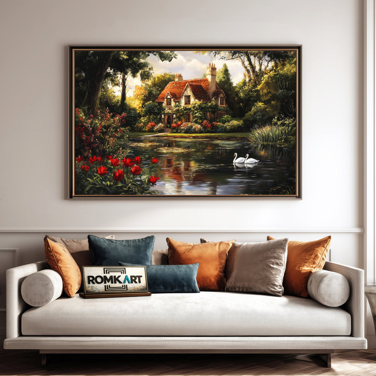 Romantic Lake House Cottage Waterscape Oil Painting - image 4