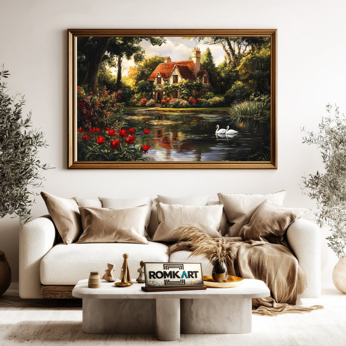 Romantic Lake House Cottage Waterscape Oil Painting - image 5