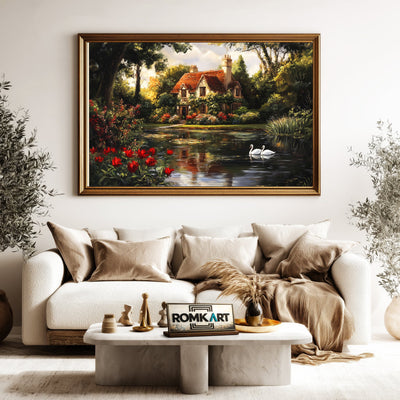 Romantic Lake House Cottage Waterscape Oil Painting - image 5