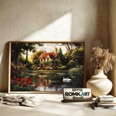 Romantic Lake House Cottage Waterscape Oil Painting - image 6