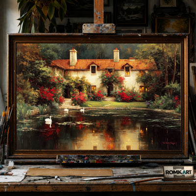 Romantic Lakeside House hand-painted oil painting on canvas