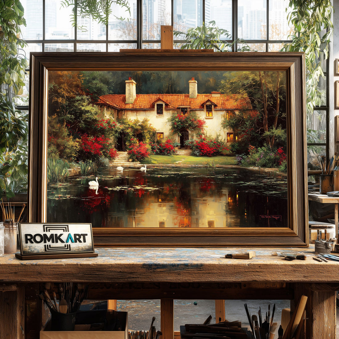 Romantic Lakeside House hand-painted oil painting on canvas